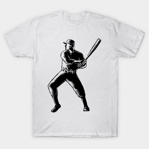 Baseball Player Batting Woodcut Black and White T-Shirt by patrimonio